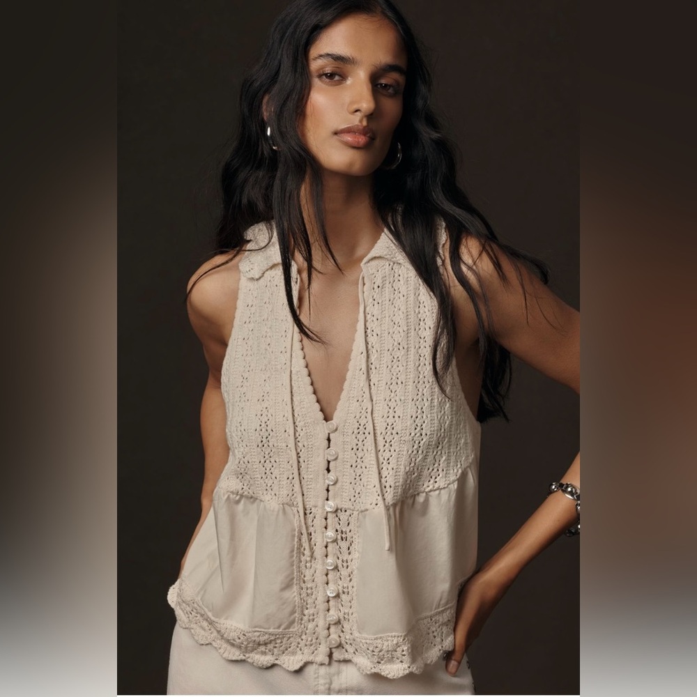 Anthropologie Cream Crochet Button-Front Tank